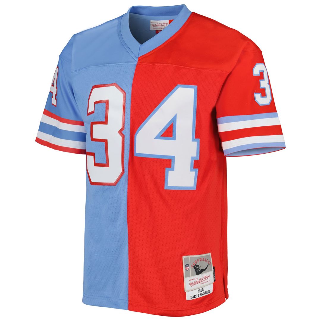 Houston Oilers Earl Campbell Red/Light Blue Gridiron Classics 1980 Split Legacy Replica Jersey | NFL Football Jersey